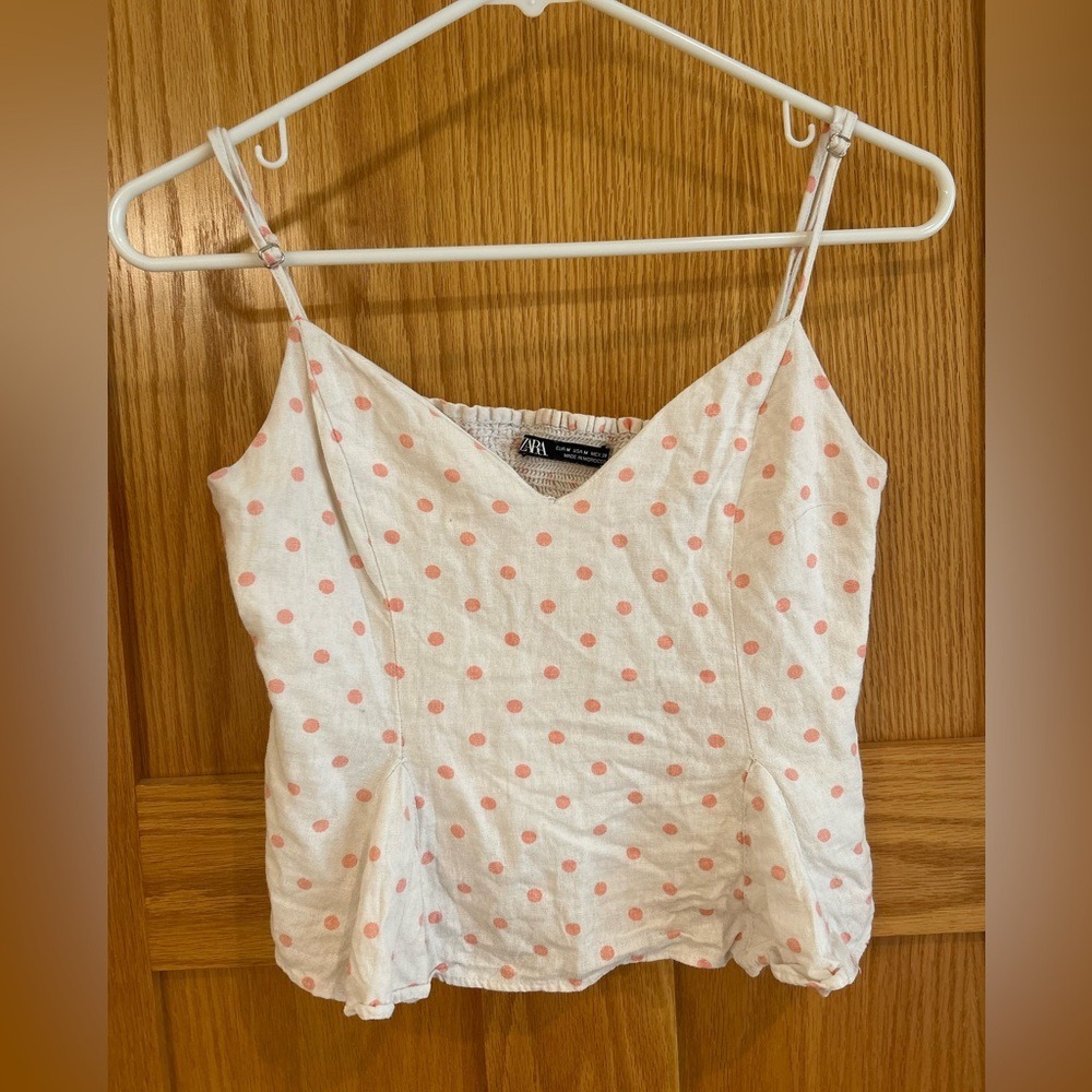 Zara Pink Polka Dot Linen Blend Crop Top White Smocked Back Women's Size Medium